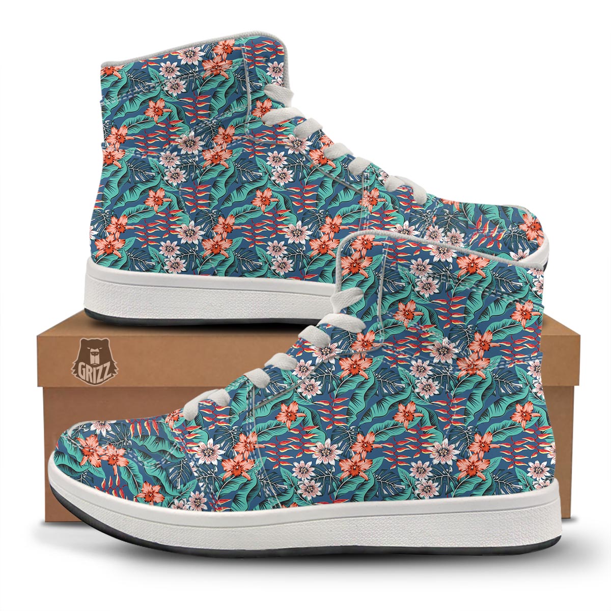 Tropical Leaf Teal Print Pattern High Top Sneakers-grizzshop