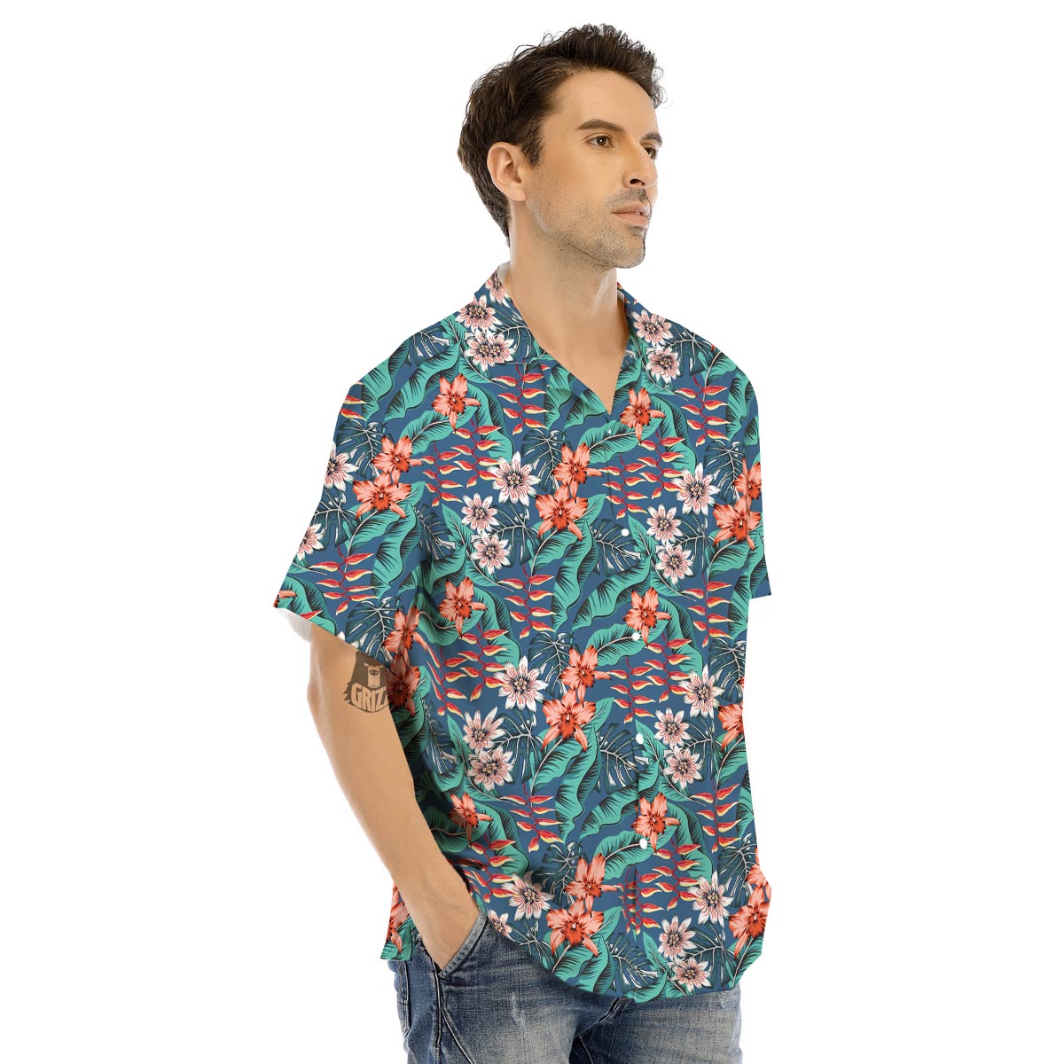 Tropical Leaf Teal Print Pattern Men's Hawaiian Shirt-grizzshop
