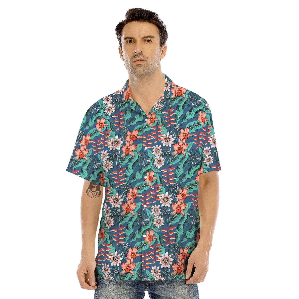 Tropical Leaf Teal Print Pattern Men's Hawaiian Shirt-grizzshop