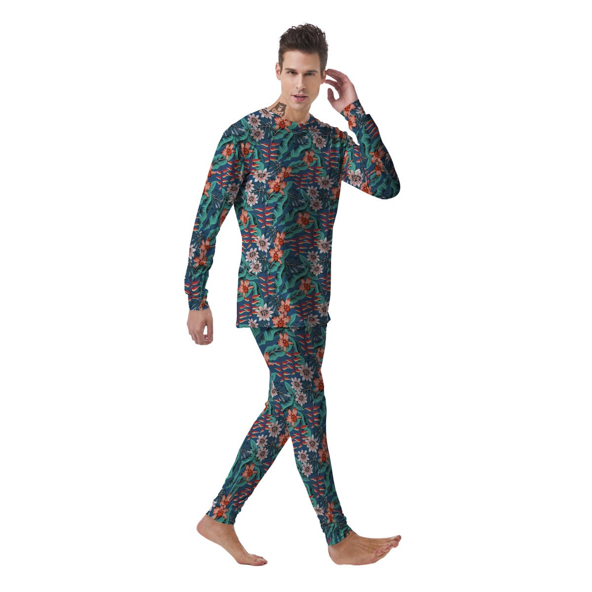 Tropical Leaf Teal Print Pattern Men's Pajamas-grizzshop
