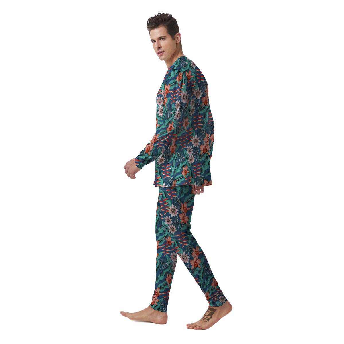 Tropical Leaf Teal Print Pattern Men's Pajamas-grizzshop