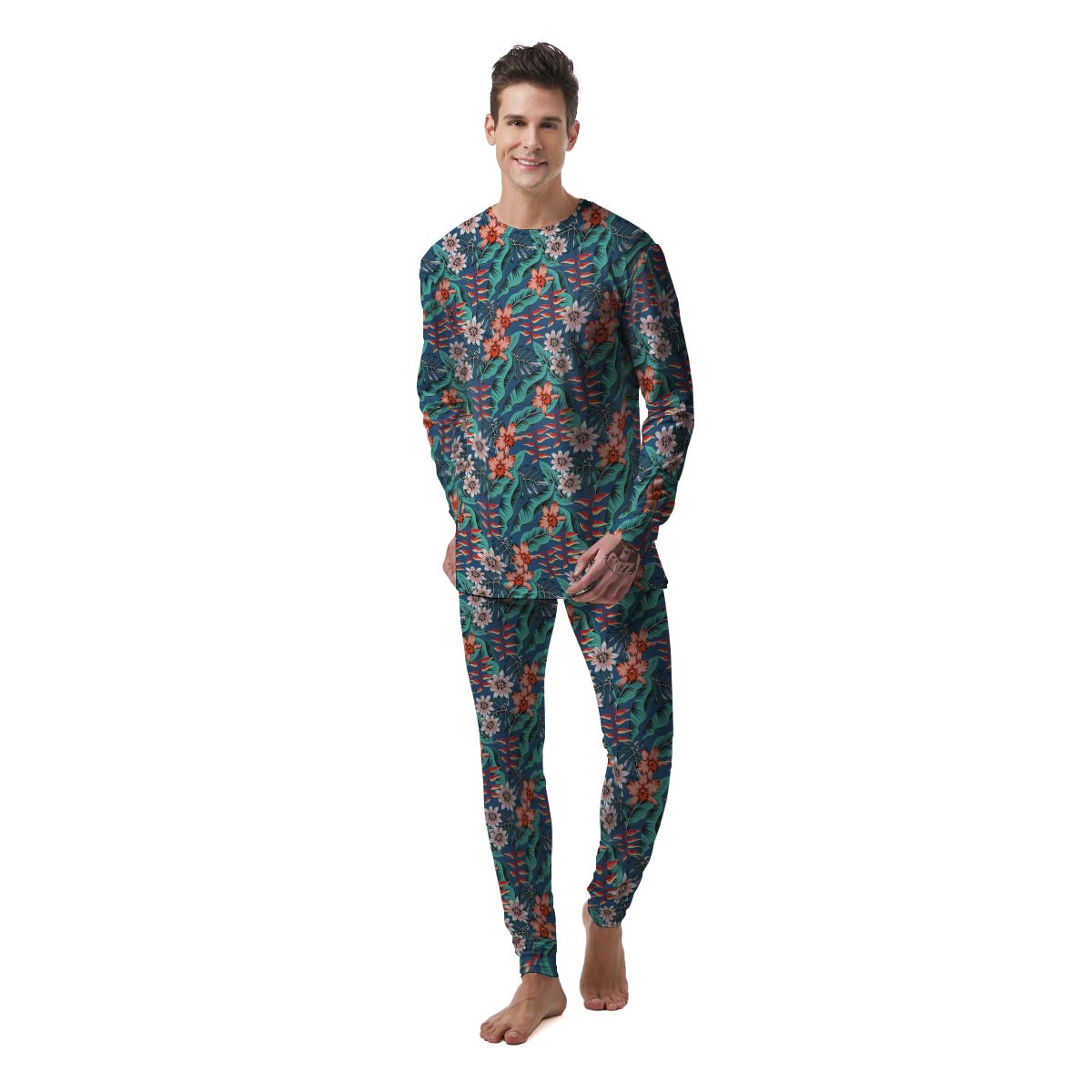 Tropical Leaf Teal Print Pattern Men's Pajamas-grizzshop