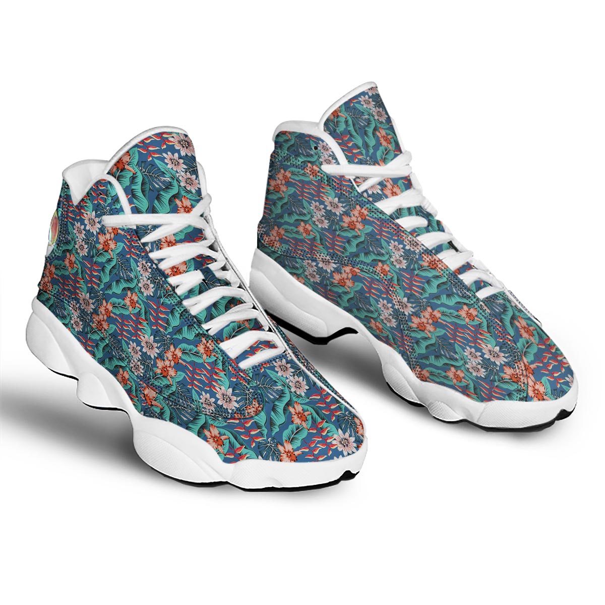 Tropical Leaf Teal Print Pattern White Basketball Shoes-grizzshop