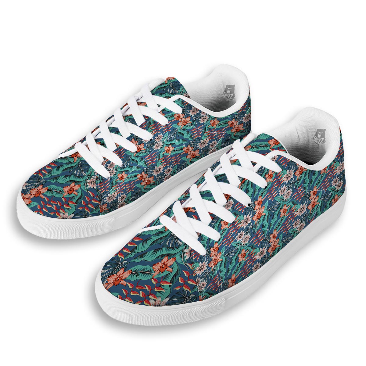 Tropical Leaf Teal Print Pattern White Low Top Sneakers-grizzshop