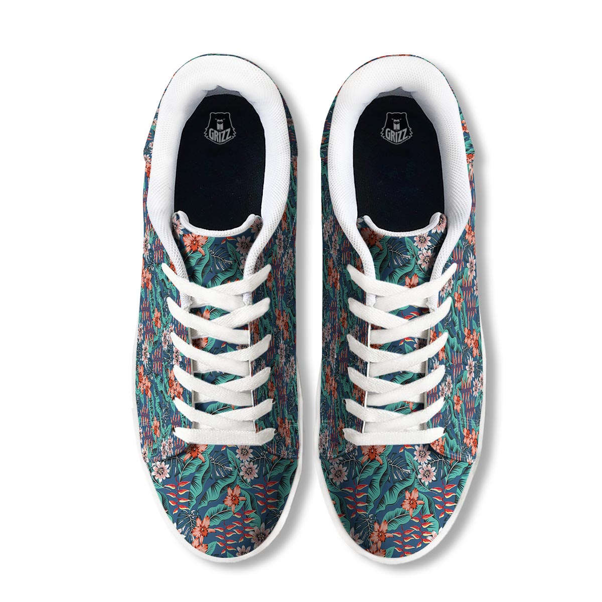 Tropical Leaf Teal Print Pattern White Low Top Sneakers-grizzshop