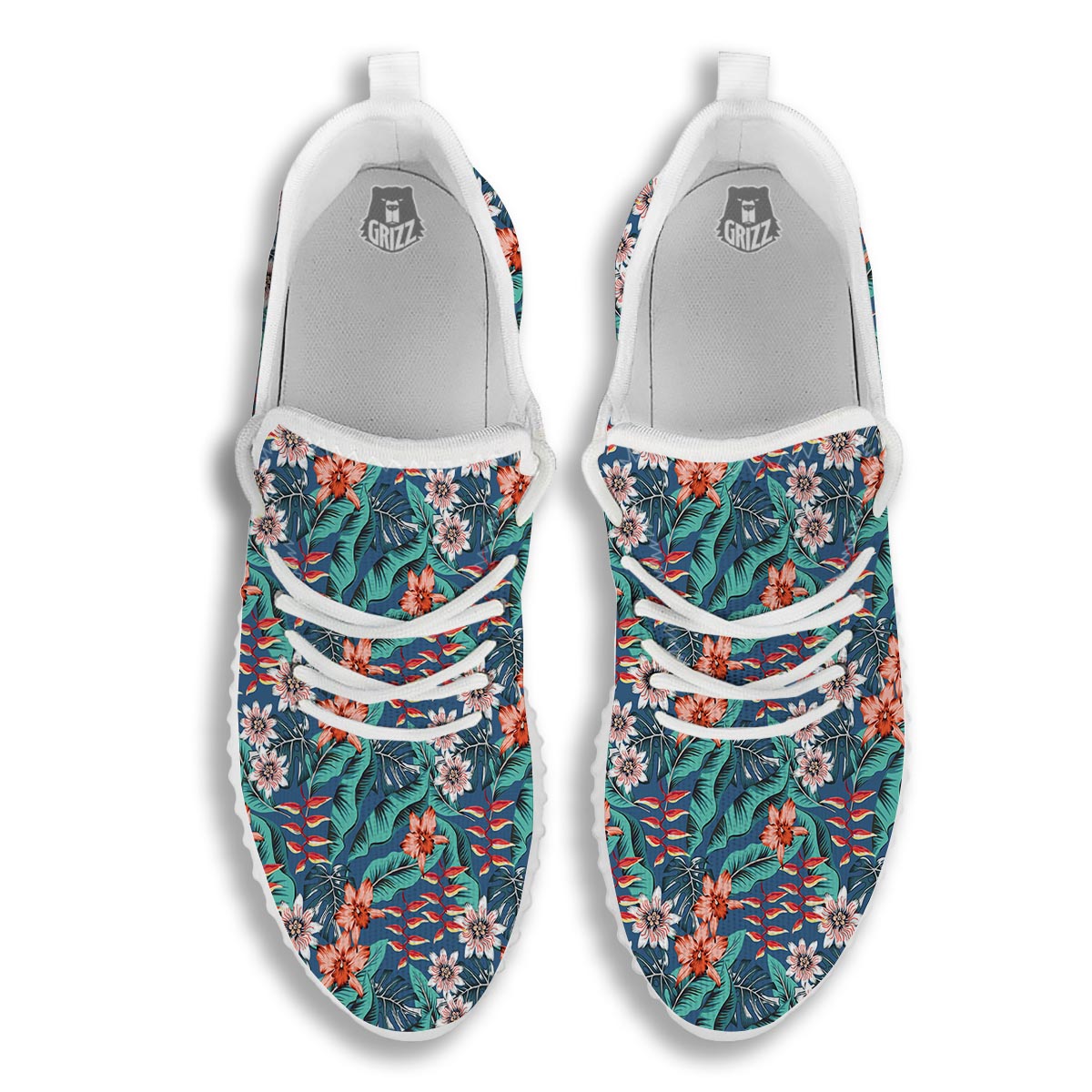 Tropical Leaf Teal Print Pattern White Walking Shoes-grizzshop