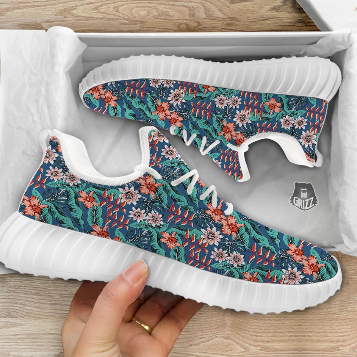 Tropical Leaf Teal Print Pattern White Walking Shoes-grizzshop
