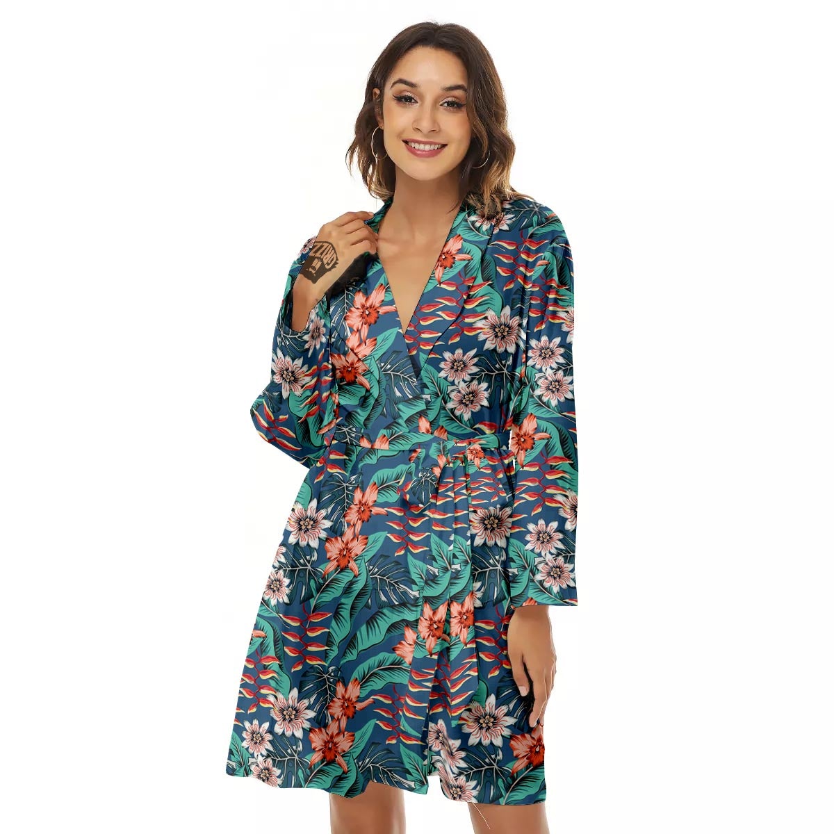 Tropical Leaf Teal Print Pattern Women's Robe-grizzshop