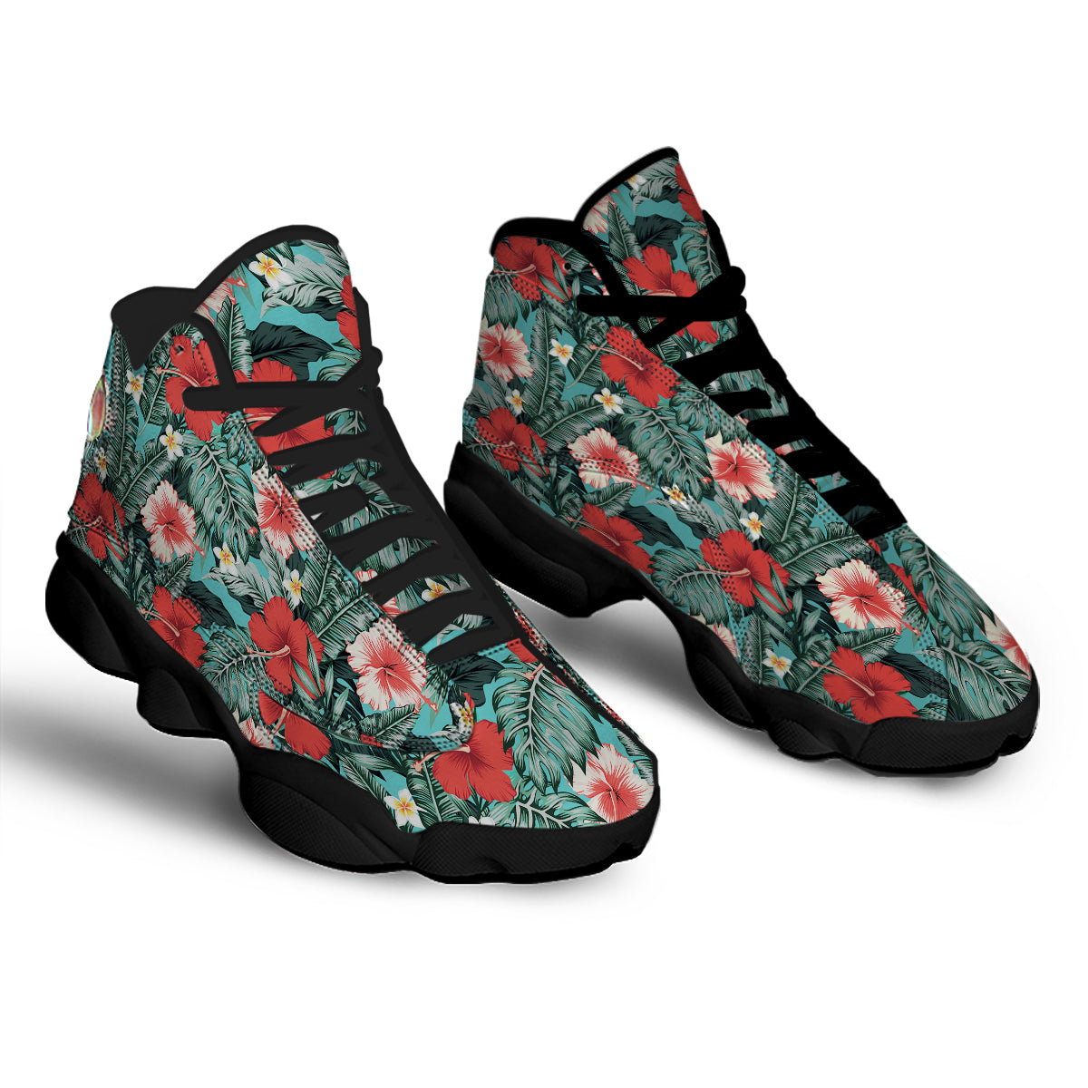 Tropical Leaf Turquoise Print Pattern Black Basketball Shoes-grizzshop