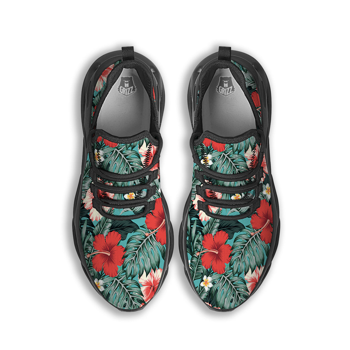 Tropical Leaf Turquoise Print Pattern Black Running Shoes-grizzshop