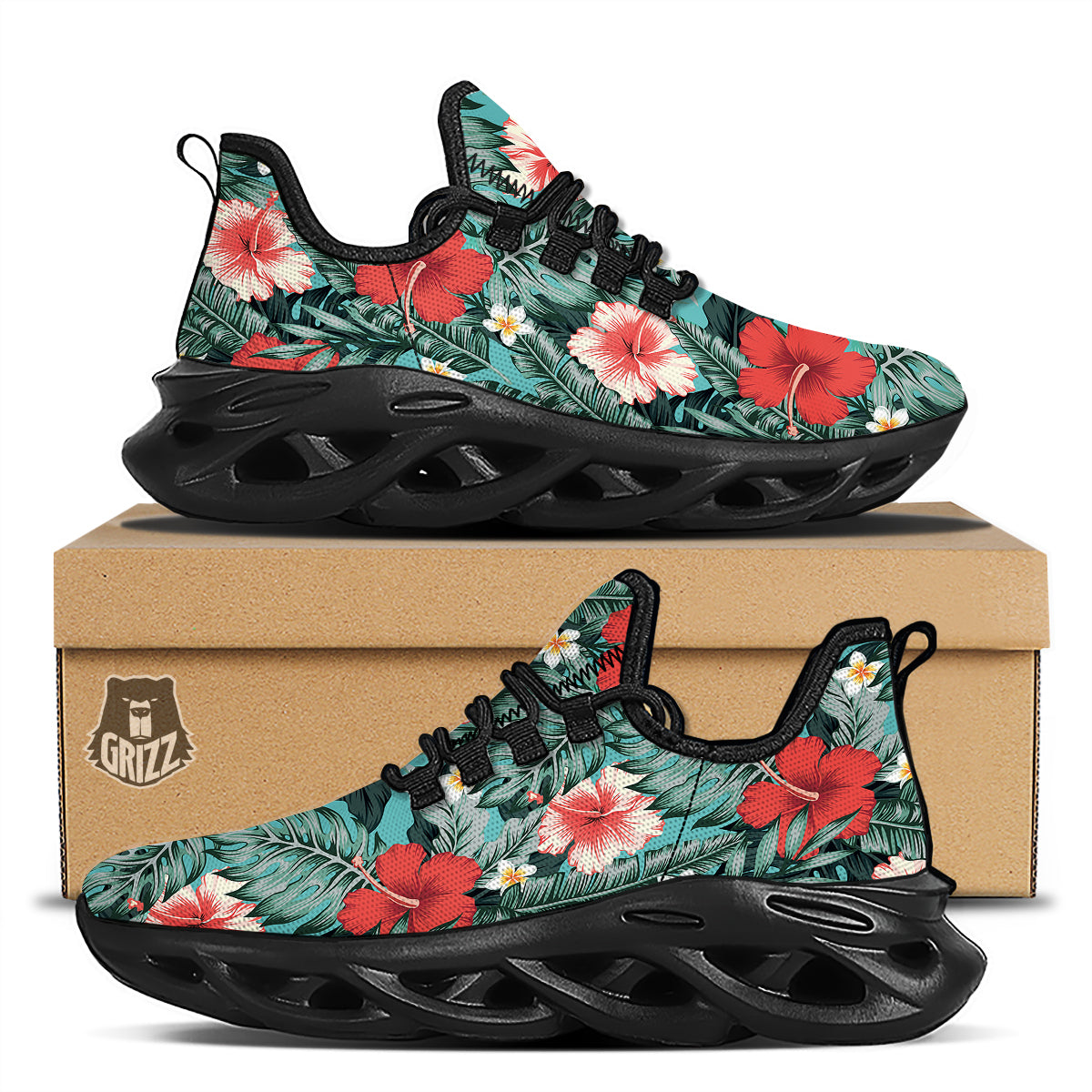 Tropical Leaf Turquoise Print Pattern Black Running Shoes-grizzshop