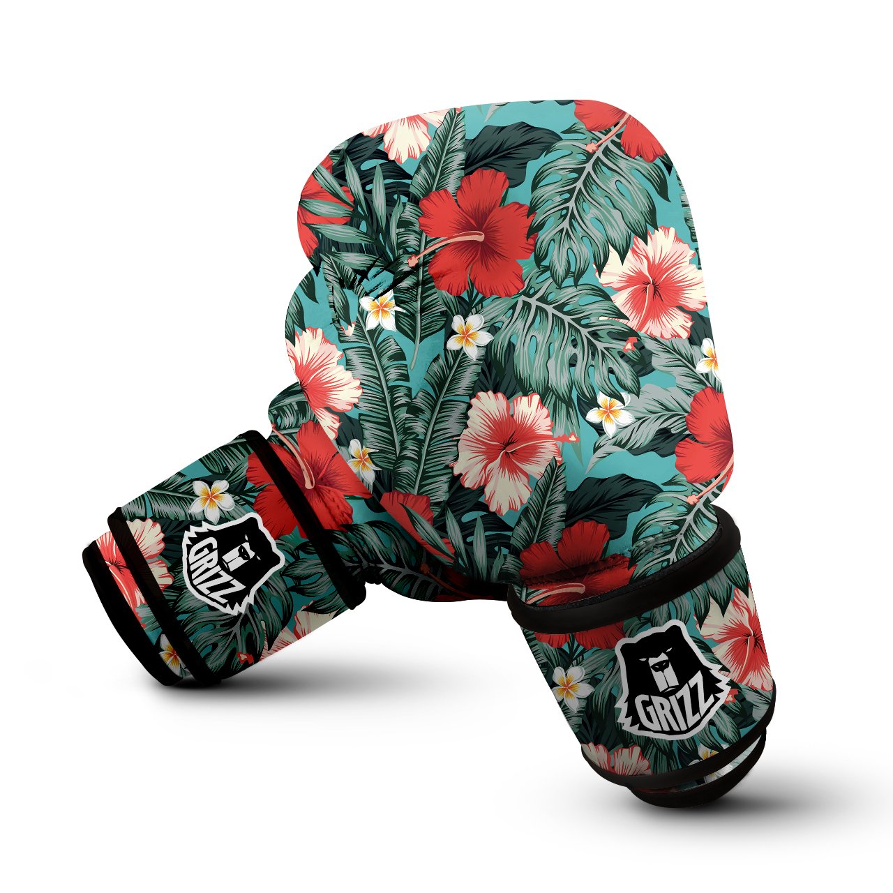 Tropical Leaf Turquoise Print Pattern Boxing Gloves-grizzshop