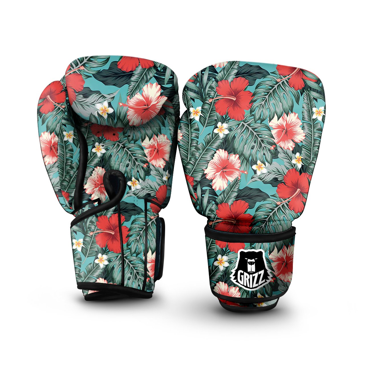 Tropical Leaf Turquoise Print Pattern Boxing Gloves-grizzshop
