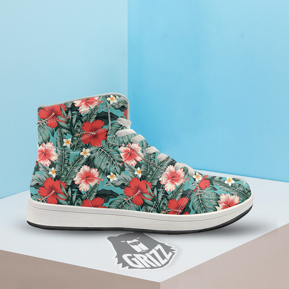 Tropical Leaf Turquoise Print Pattern High Top Sneakers-grizzshop