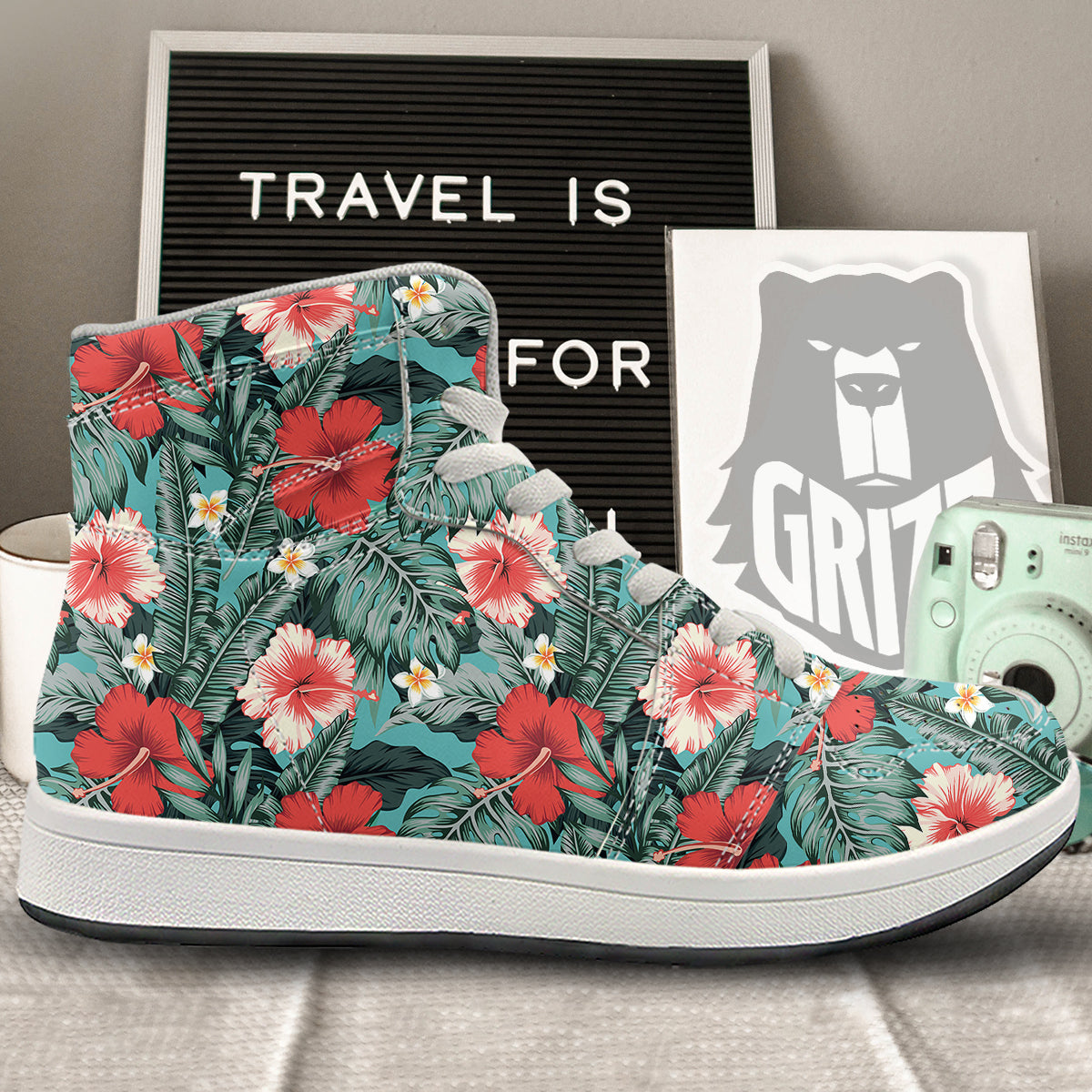 Tropical Leaf Turquoise Print Pattern High Top Sneakers-grizzshop