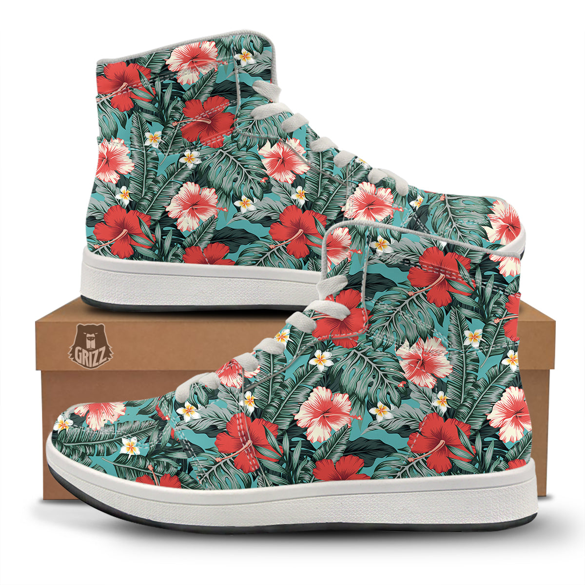 Tropical Leaf Turquoise Print Pattern High Top Sneakers-grizzshop