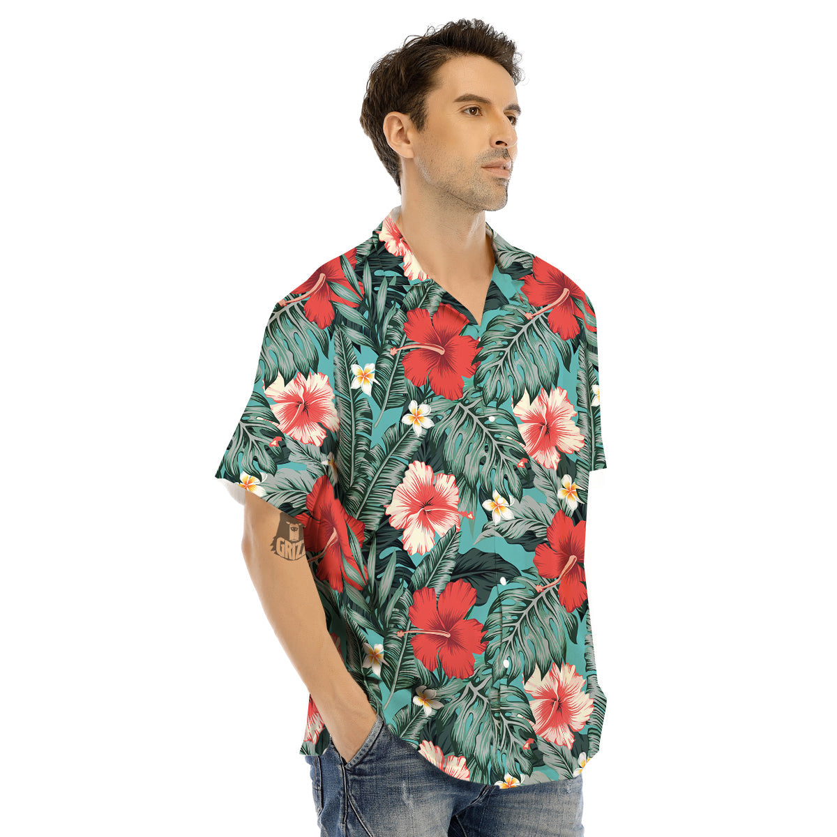 Tropical Leaf Turquoise Print Pattern Men's Hawaiian Shirt-grizzshop