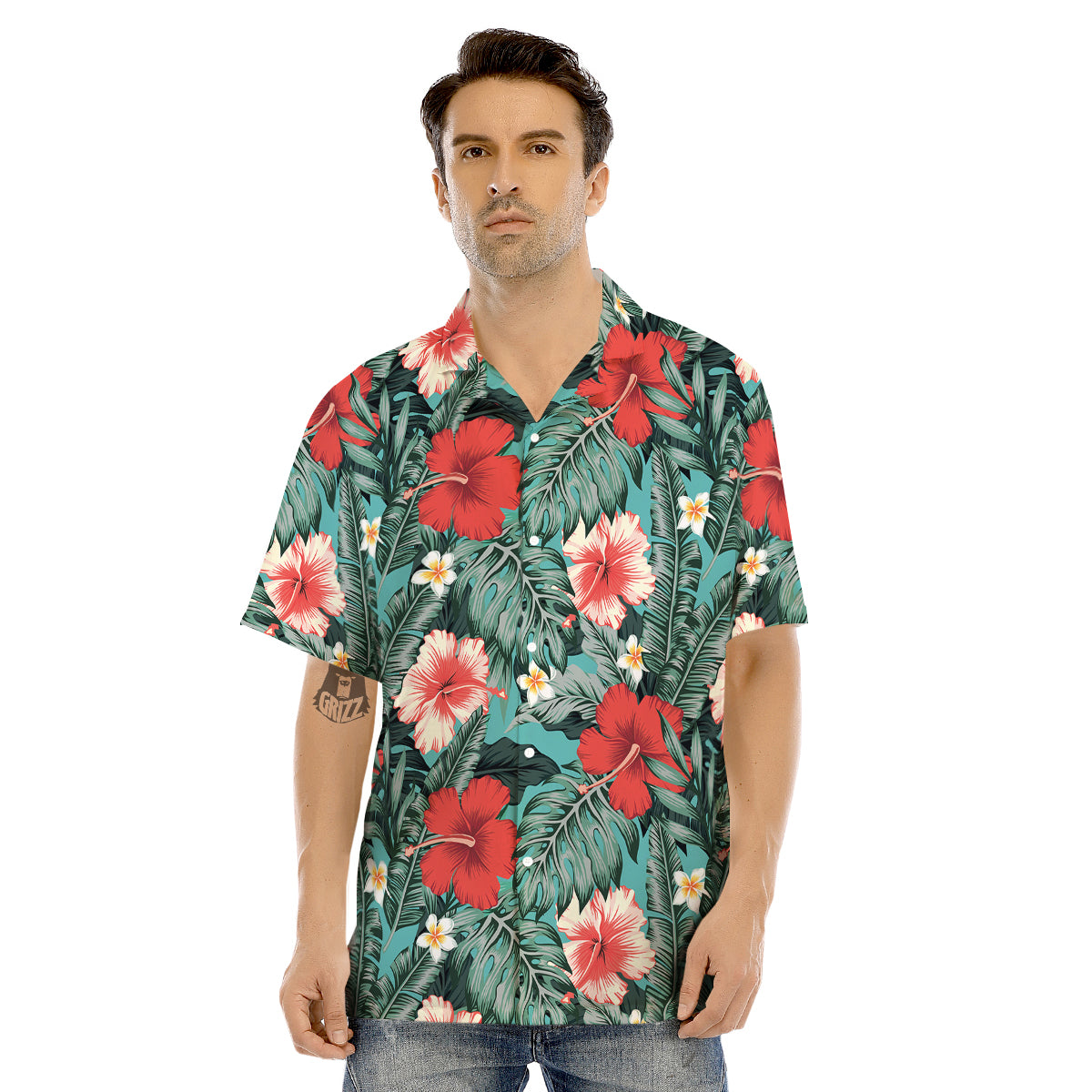 Tropical Leaf Turquoise Print Pattern Men's Hawaiian Shirt-grizzshop