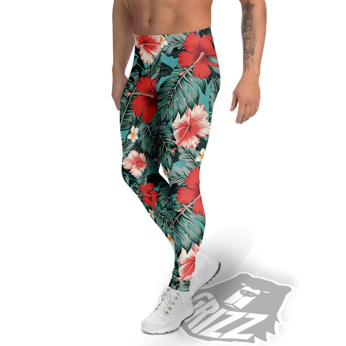 Tropical Leaf Turquoise Print Pattern Men's Leggings-grizzshop