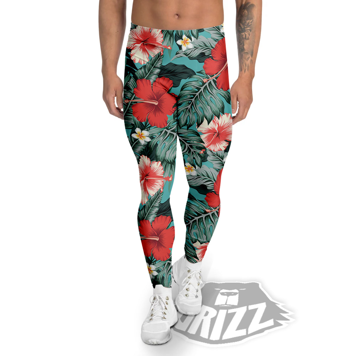 Tropical Leaf Turquoise Print Pattern Men's Leggings-grizzshop