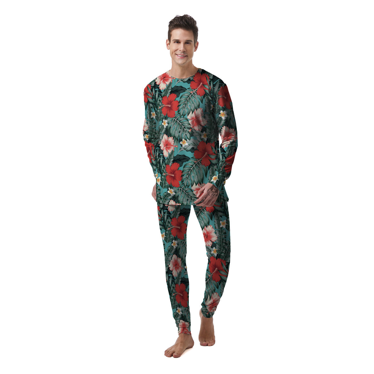 Tropical Leaf Turquoise Print Pattern Men's Pajamas-grizzshop