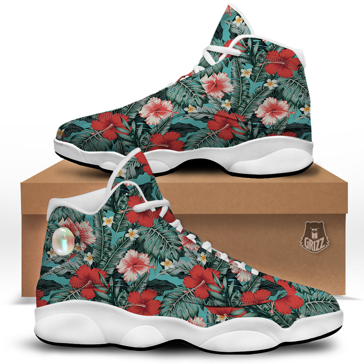 Tropical Leaf Turquoise Print Pattern White Basketball Shoes-grizzshop