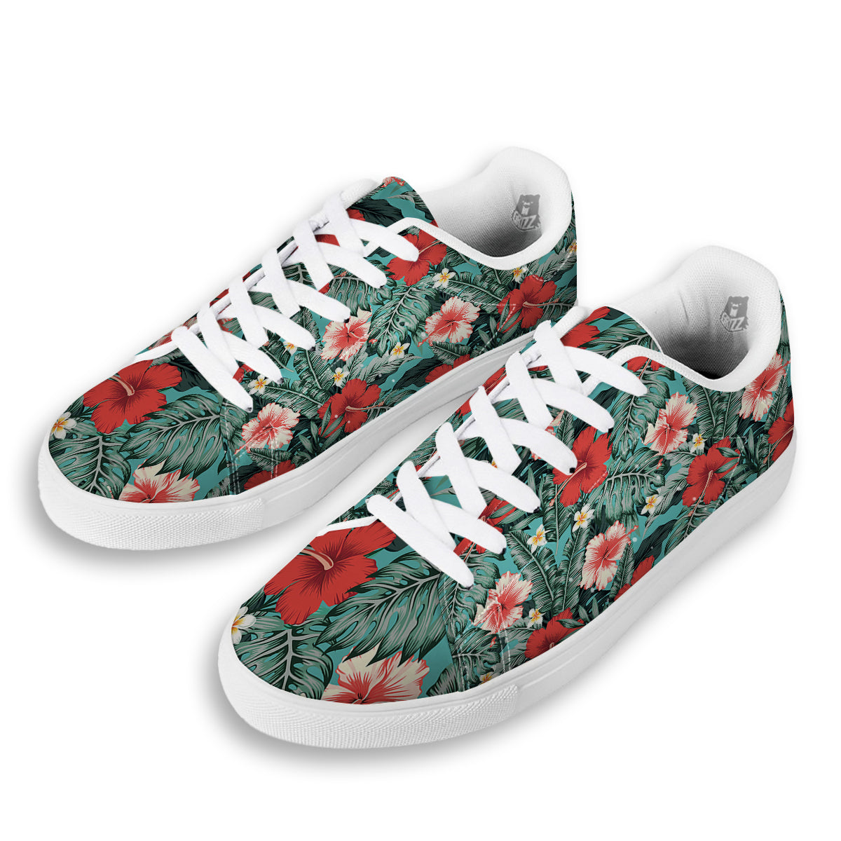 Tropical Leaf Turquoise Print Pattern White Low Top Sneakers-grizzshop