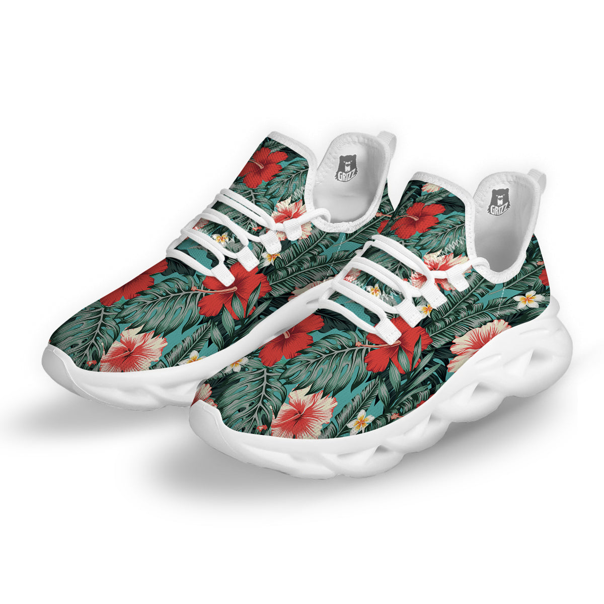 Tropical Leaf Turquoise Print Pattern White Running Shoes-grizzshop