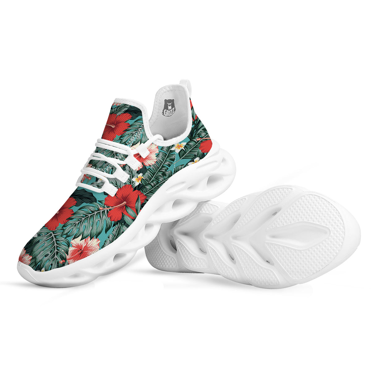Tropical Leaf Turquoise Print Pattern White Running Shoes-grizzshop