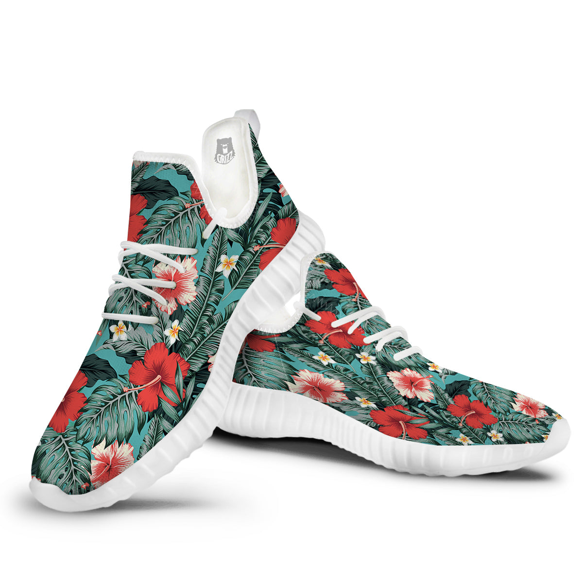 Tropical Leaf Turquoise Print Pattern White Walking Shoes-grizzshop