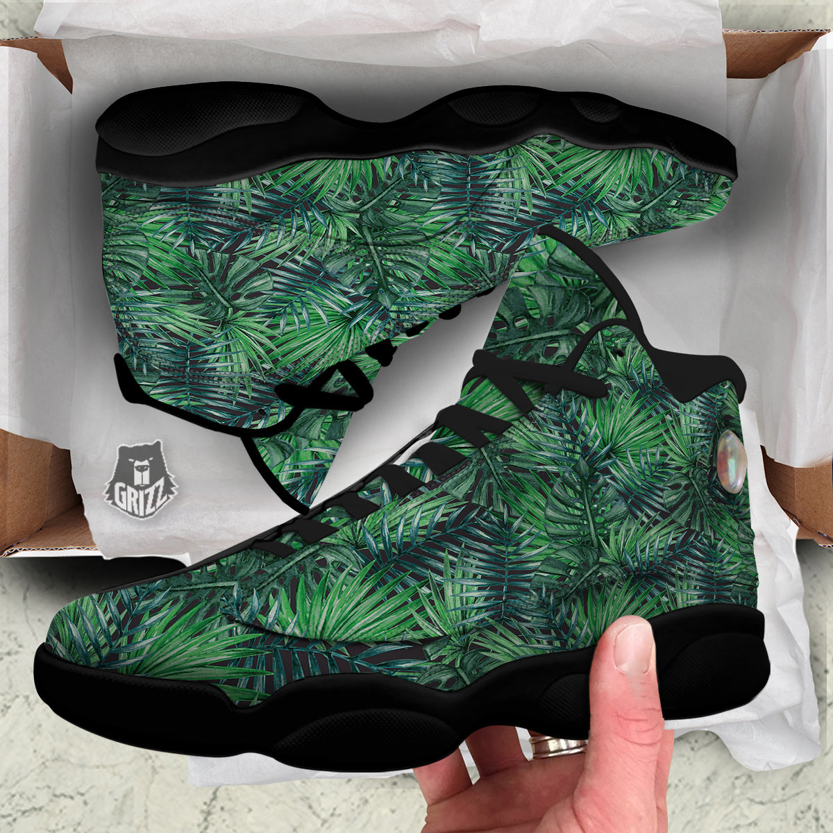 Tropical Leaf Watercolor Print Pattern Black Basketball Shoes-grizzshop