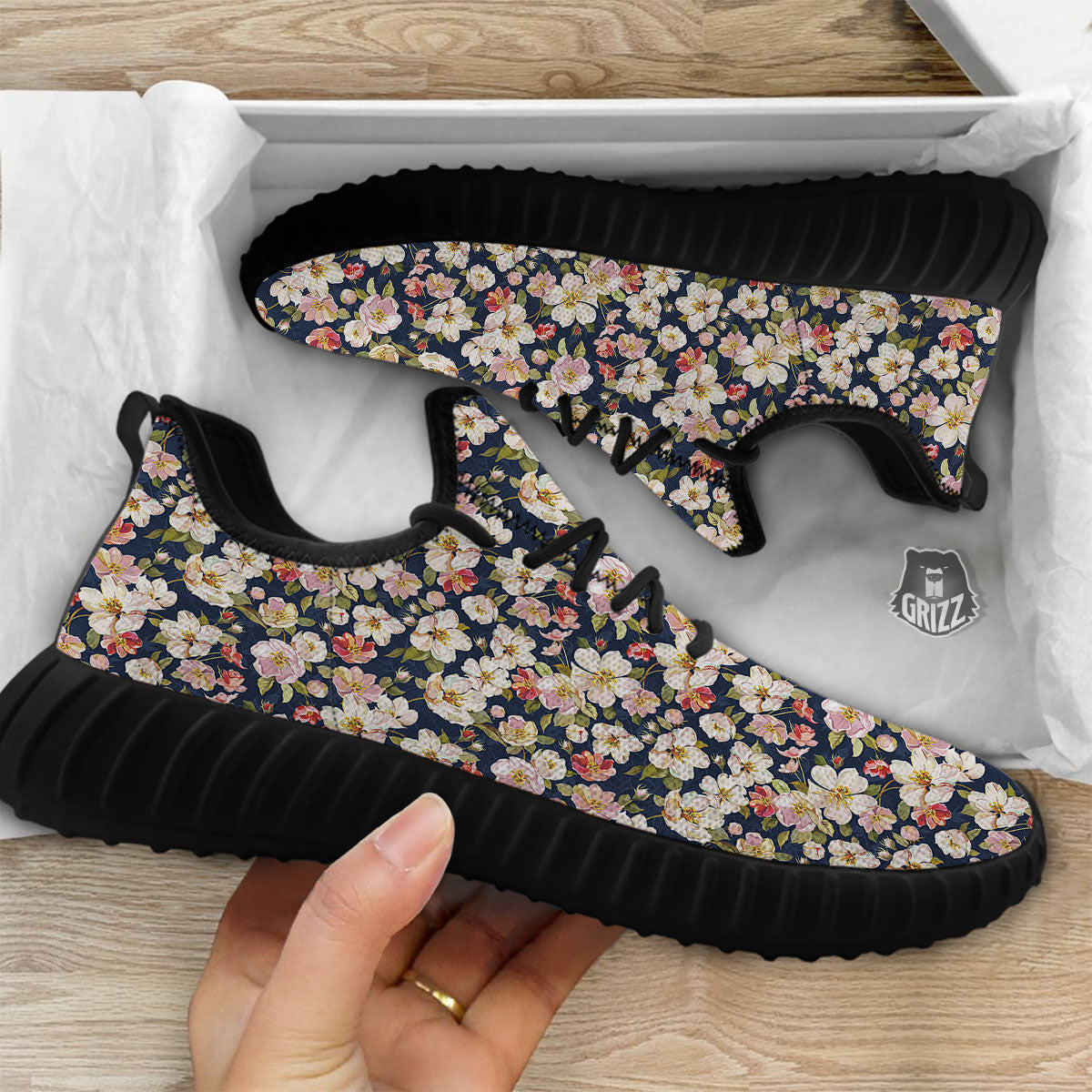 Tropical Leaves Blossom Print Pattern Black Walking Shoes-grizzshop