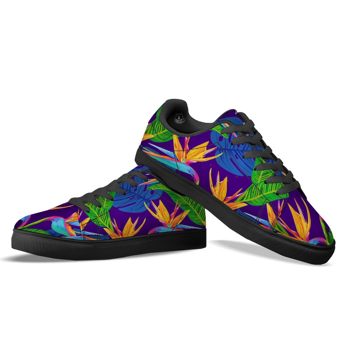 Tropical Leaves Colorful Print Pattern Colorful Black Low Top Sneakers-grizzshop