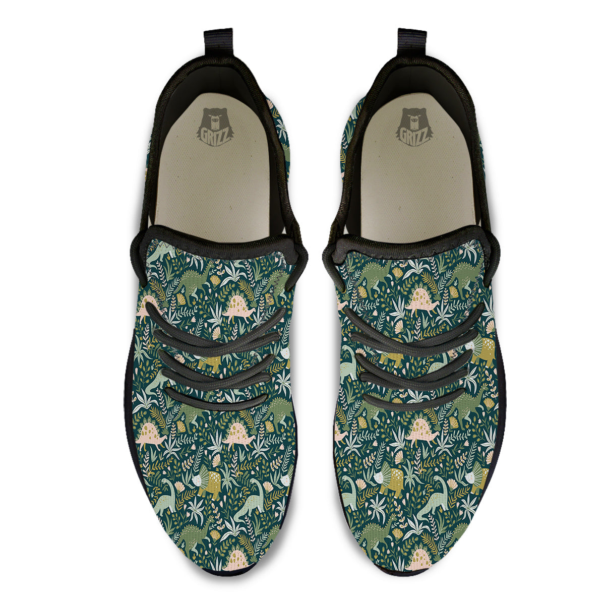 Tropical Leaves Cute Dino Print Pattern Black Athletic Shoes-grizzshop