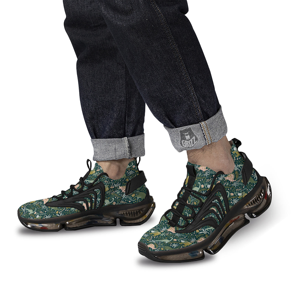 Tropical Leaves Cute Dino Print Pattern Black Gym Shoes-grizzshop