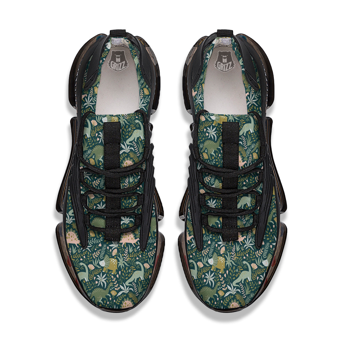 Tropical Leaves Cute Dino Print Pattern Black Gym Shoes-grizzshop