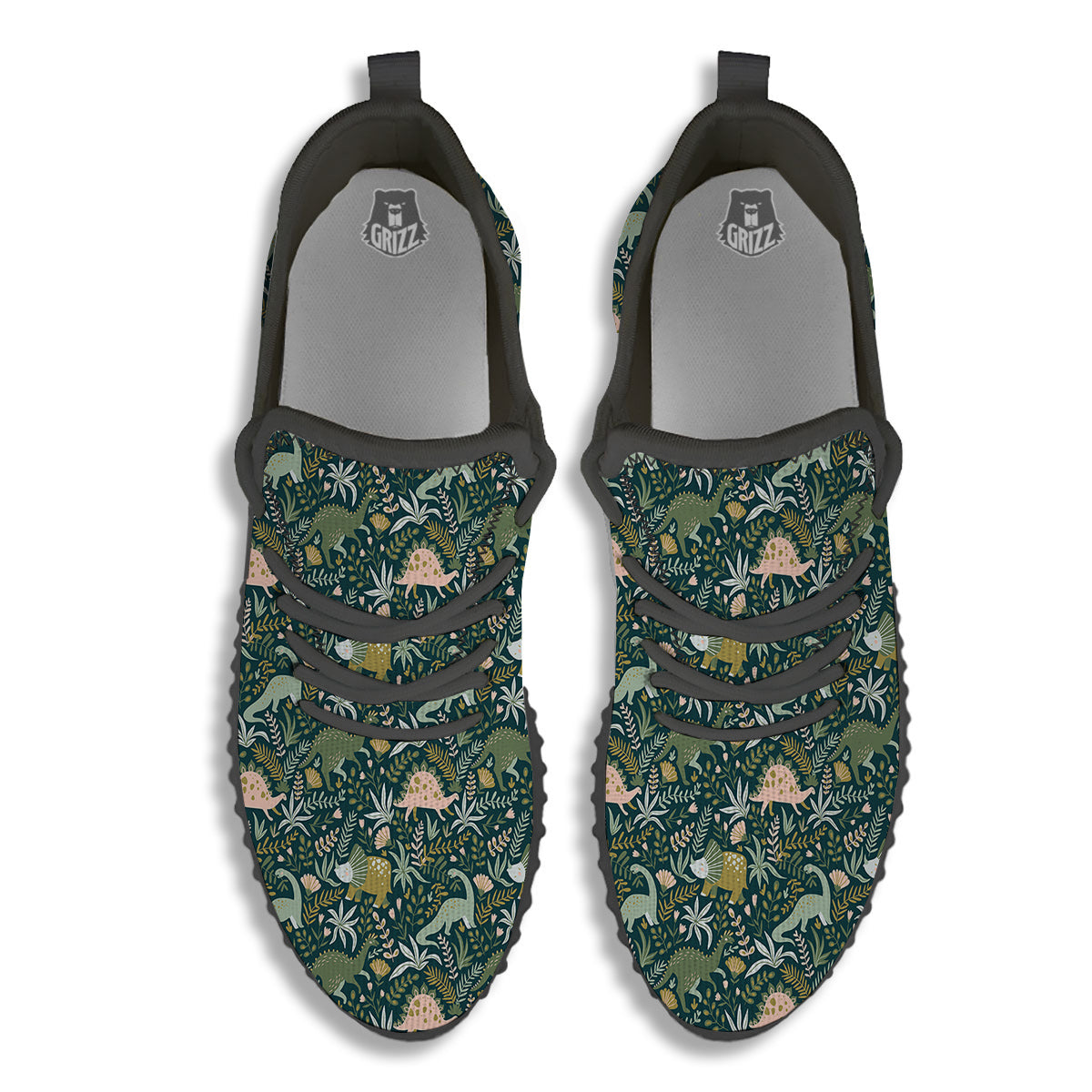 Tropical Leaves Cute Dino Print Pattern Black Walking Shoes-grizzshop