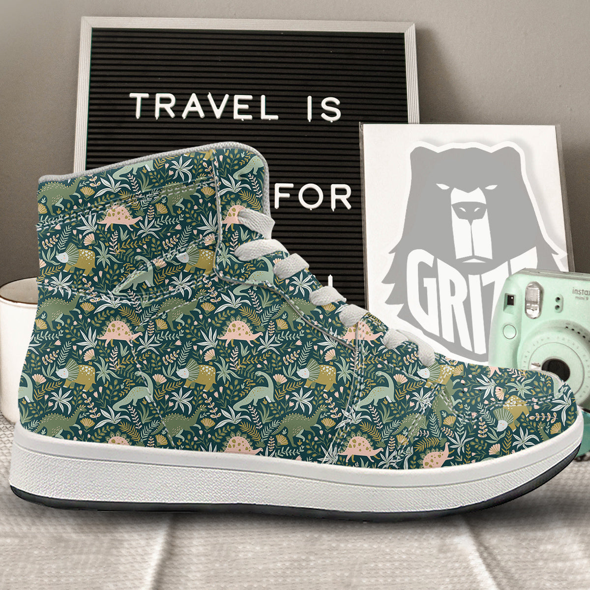 Tropical Leaves Cute Dino Print Pattern High Top Sneakers-grizzshop