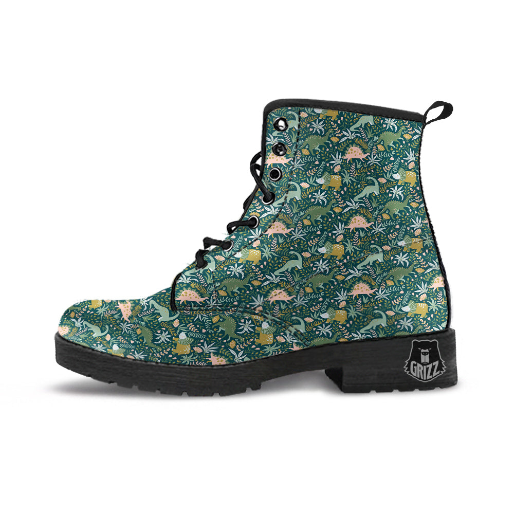 Tropical Leaves Cute Dino Print Pattern Leather Boots-grizzshop