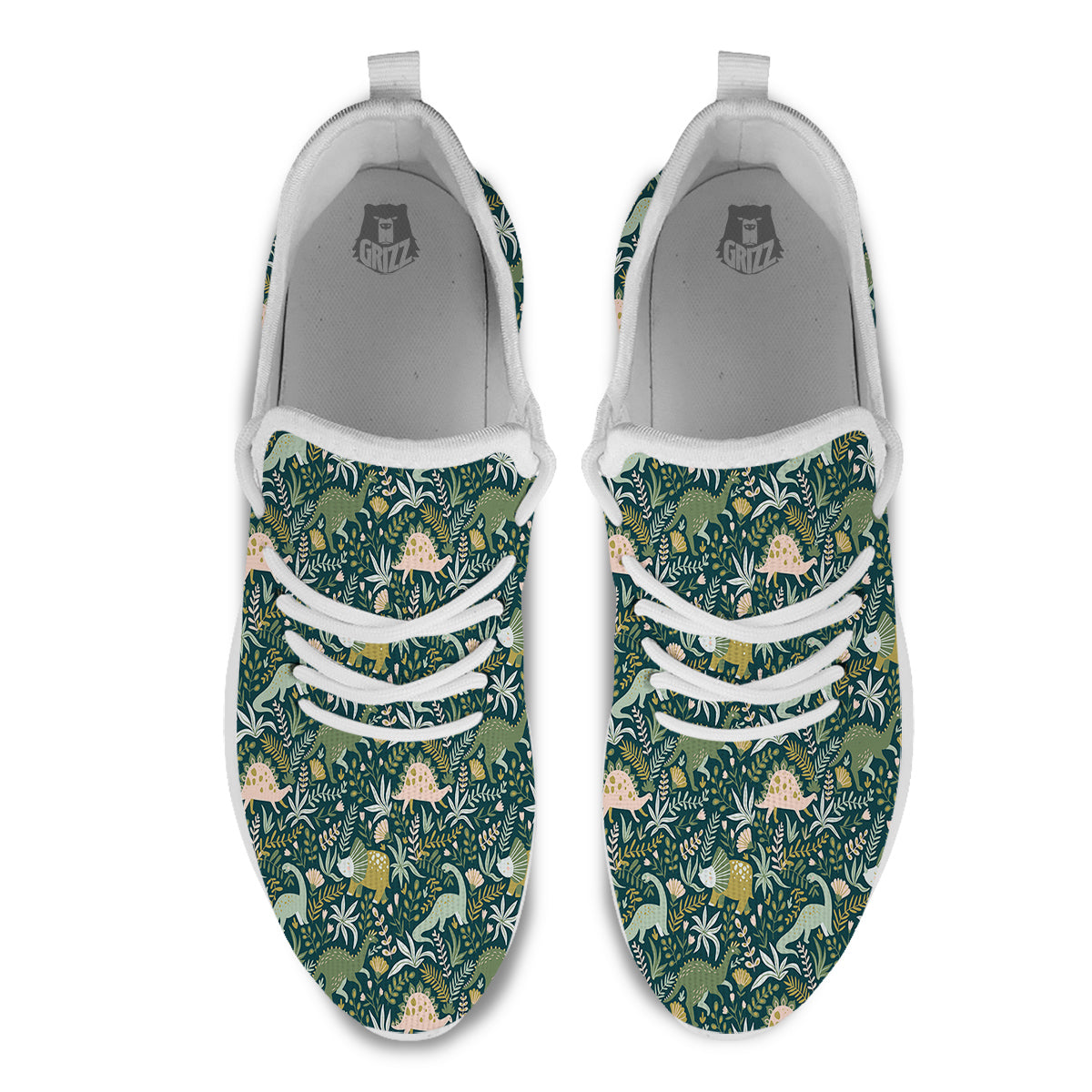 Tropical Leaves Cute Dino Print Pattern White Athletic Shoes-grizzshop