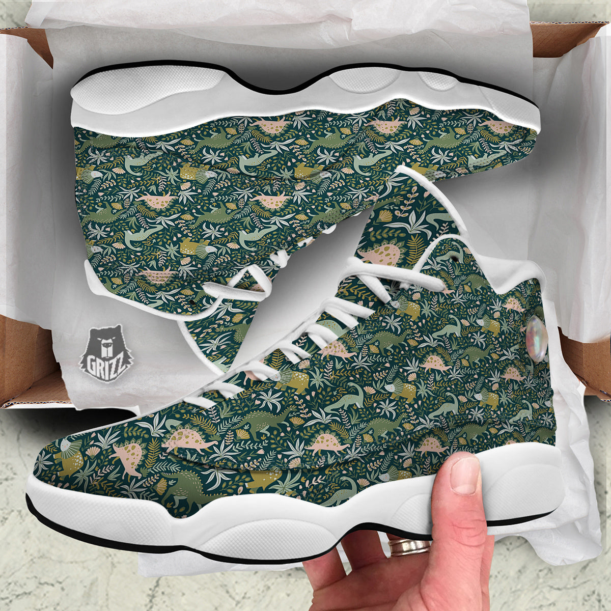 Tropical Leaves Cute Dino Print Pattern White Basketball Shoes-grizzshop