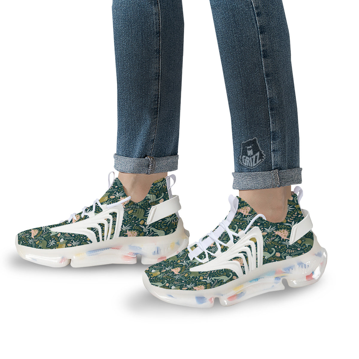 Tropical Leaves Cute Dino Print Pattern White Gym Shoes-grizzshop
