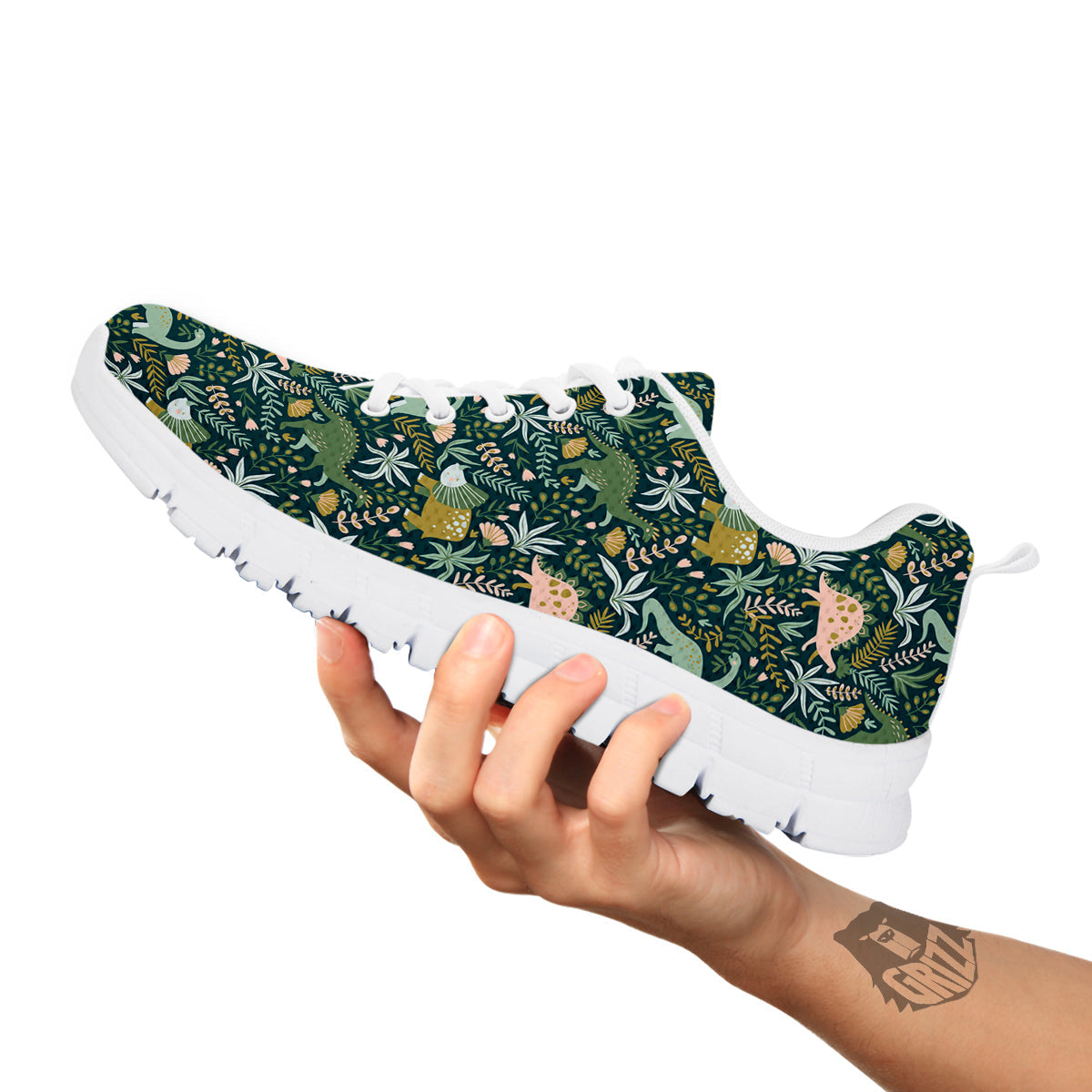 Tropical Leaves Cute Dino Print Pattern White Sneaker-grizzshop