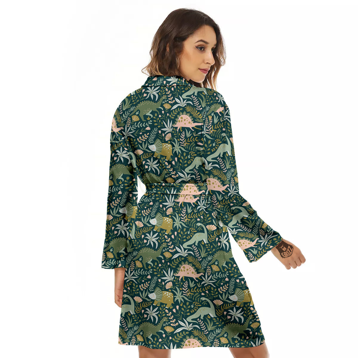 Tropical Leaves Cute Dino Print Pattern Women's Robe-grizzshop