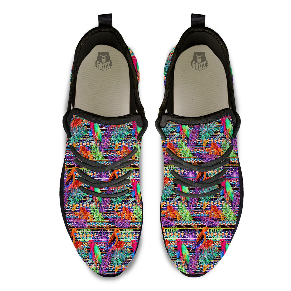 Tropical Leaves Exotic Bird Aztec Print Pattern Black Athletic Shoes-grizzshop