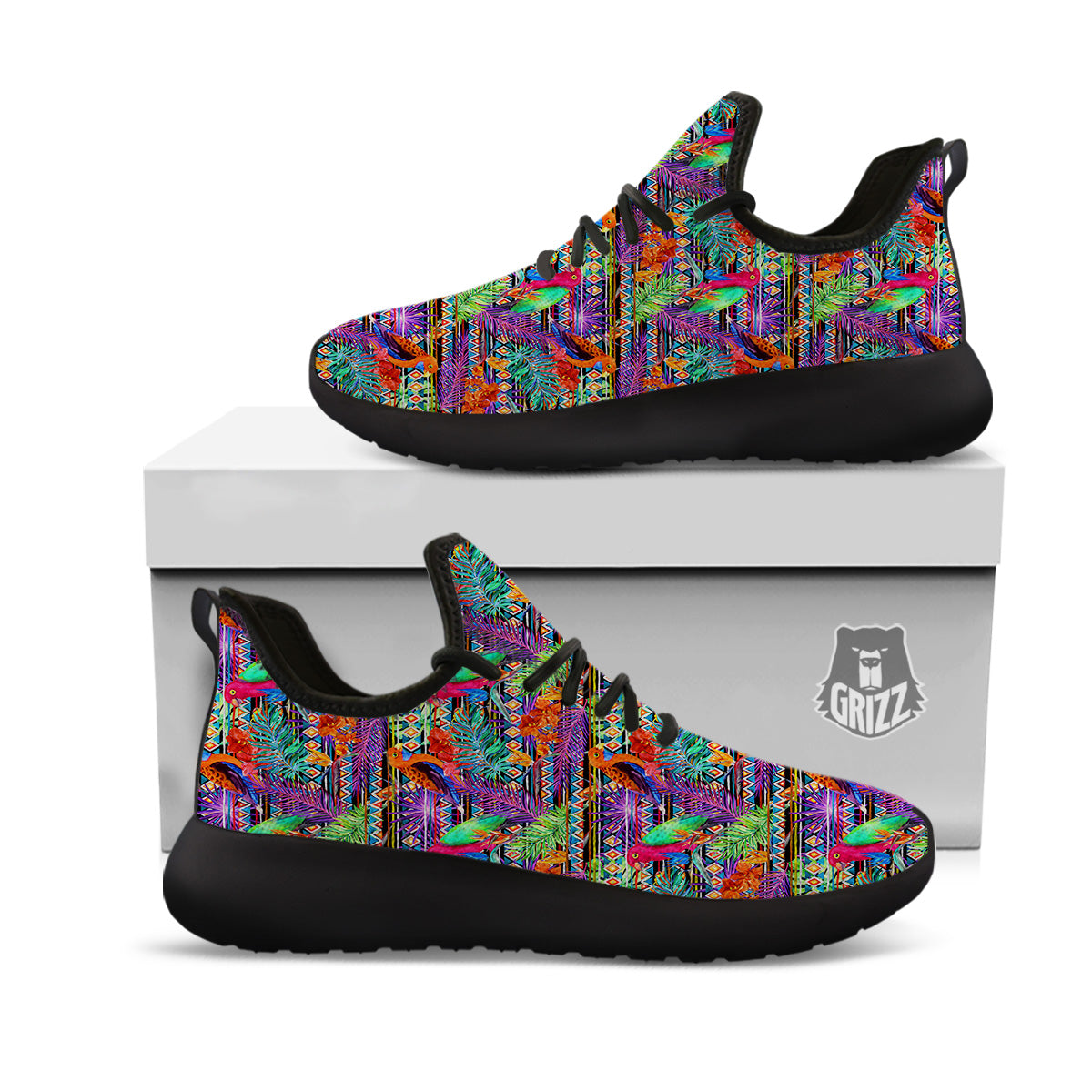 Tropical Leaves Exotic Bird Aztec Print Pattern Black Athletic Shoes-grizzshop