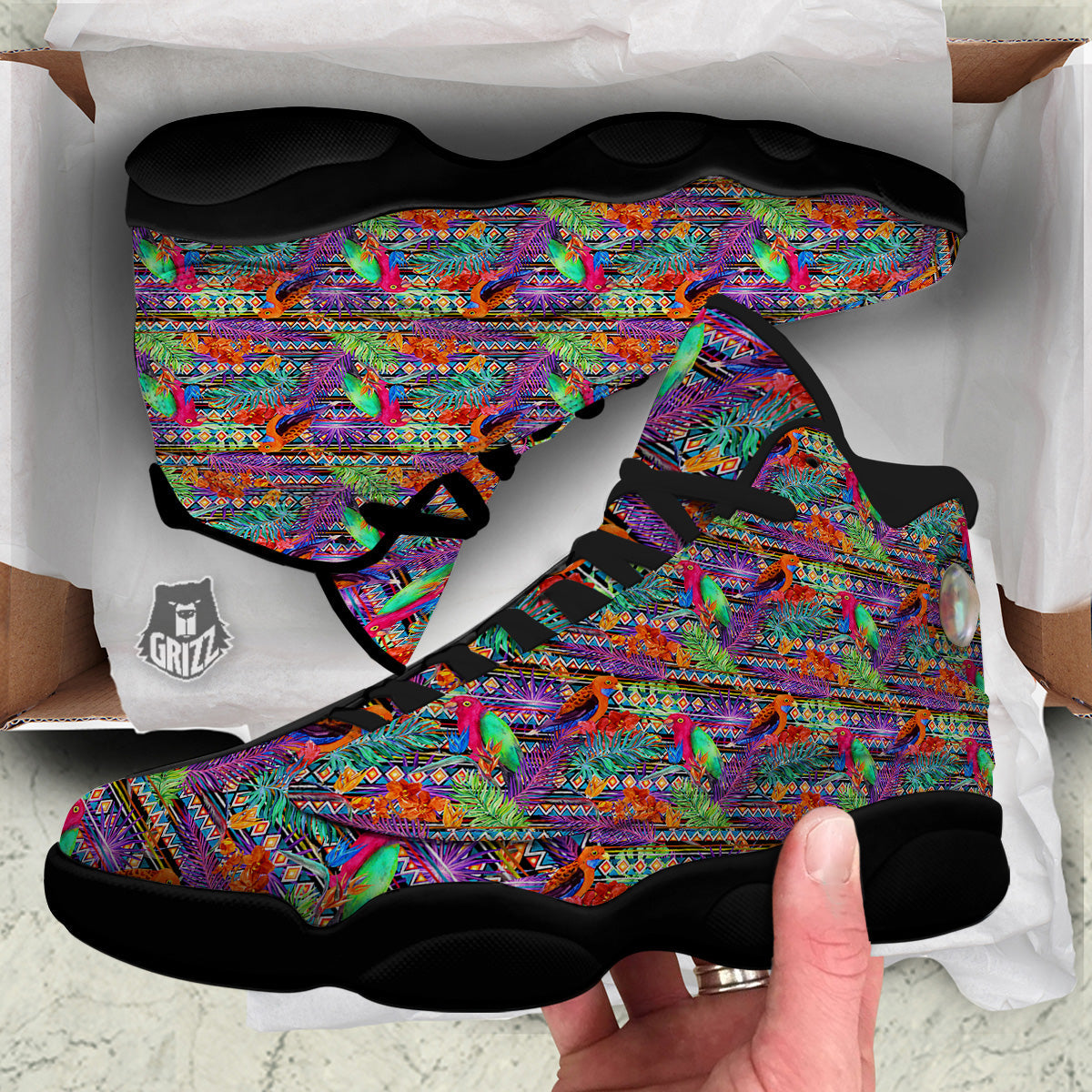 Tropical Leaves Exotic Bird Aztec Print Pattern Black Basketball Shoes-grizzshop