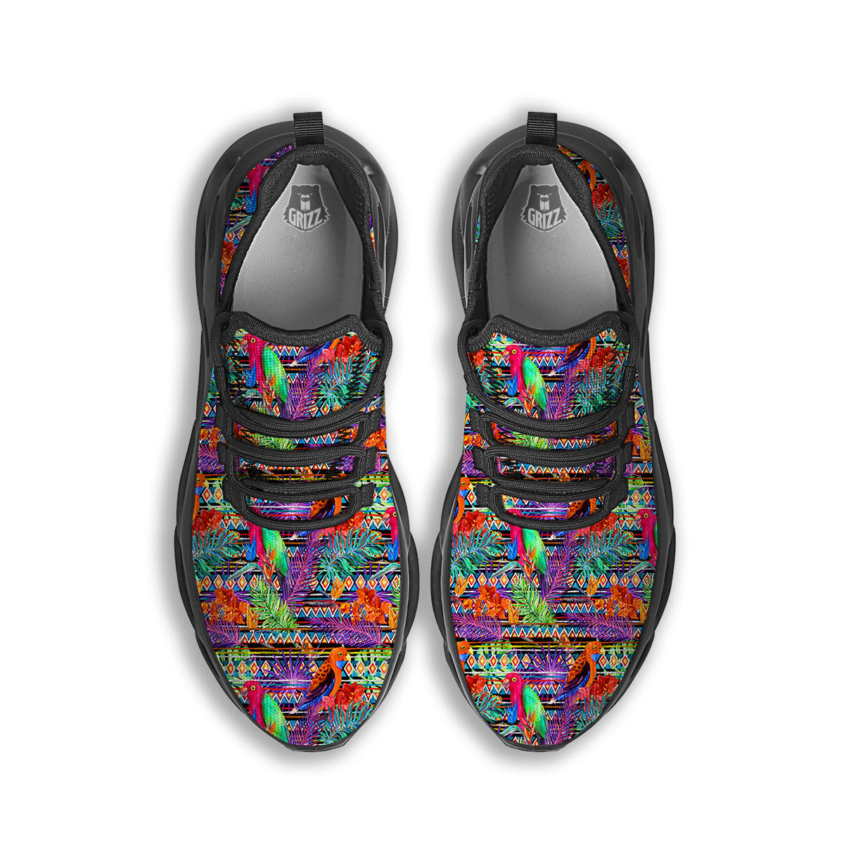 Tropical Leaves Exotic Bird Aztec Print Pattern Black Running Shoes-grizzshop