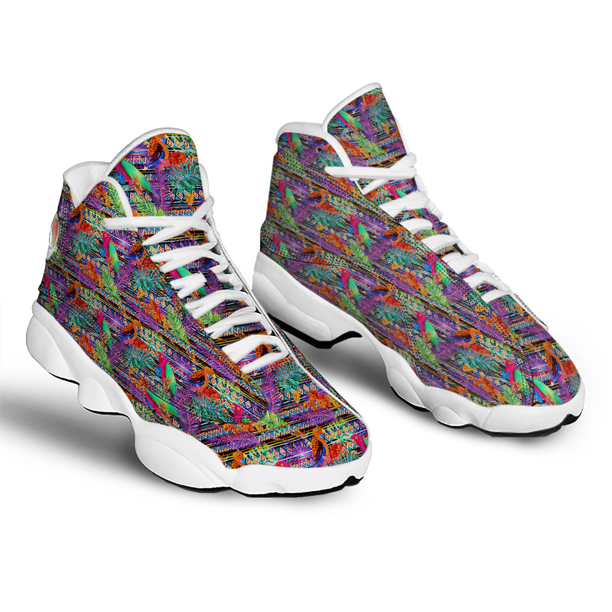 Tropical Leaves Exotic Bird Aztec Print Pattern White Basketball Shoes-grizzshop