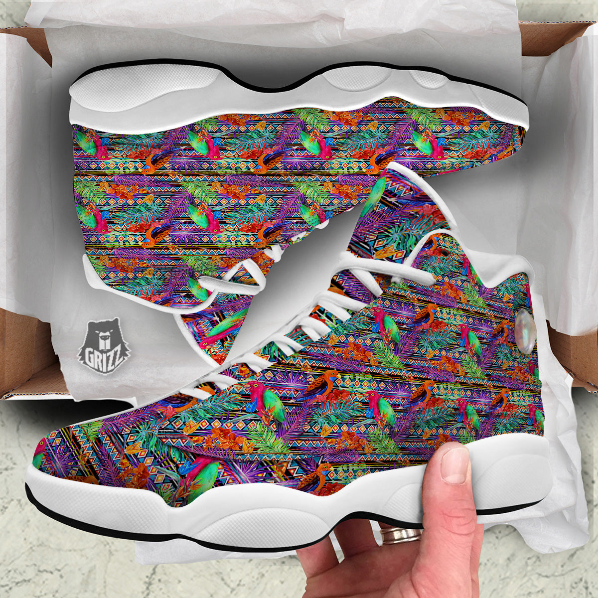 Tropical Leaves Exotic Bird Aztec Print Pattern White Basketball Shoes-grizzshop